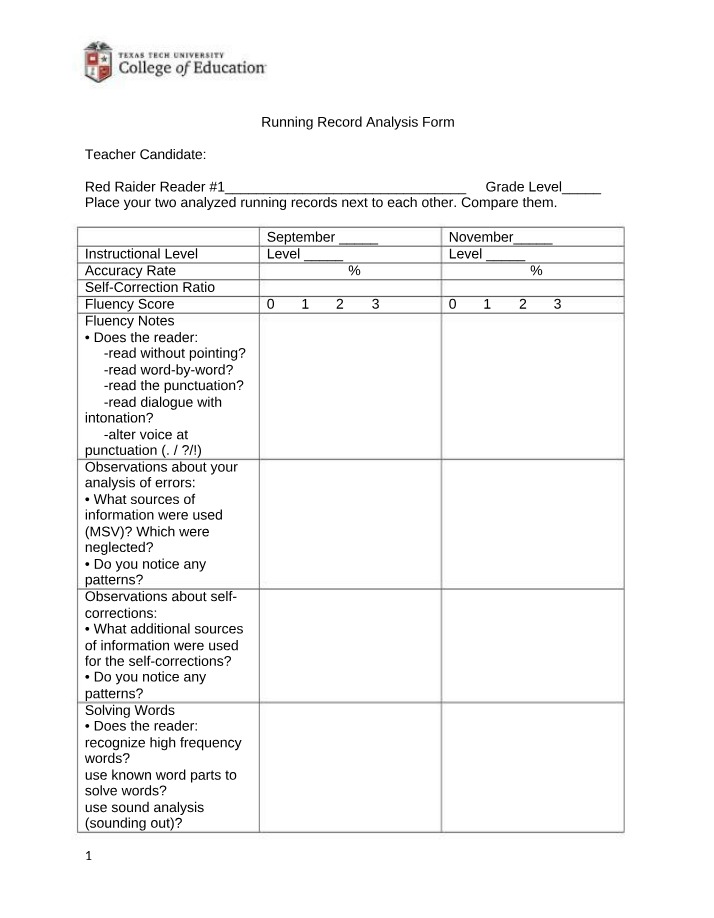 Fall 2022 - Running Record Analysis Form