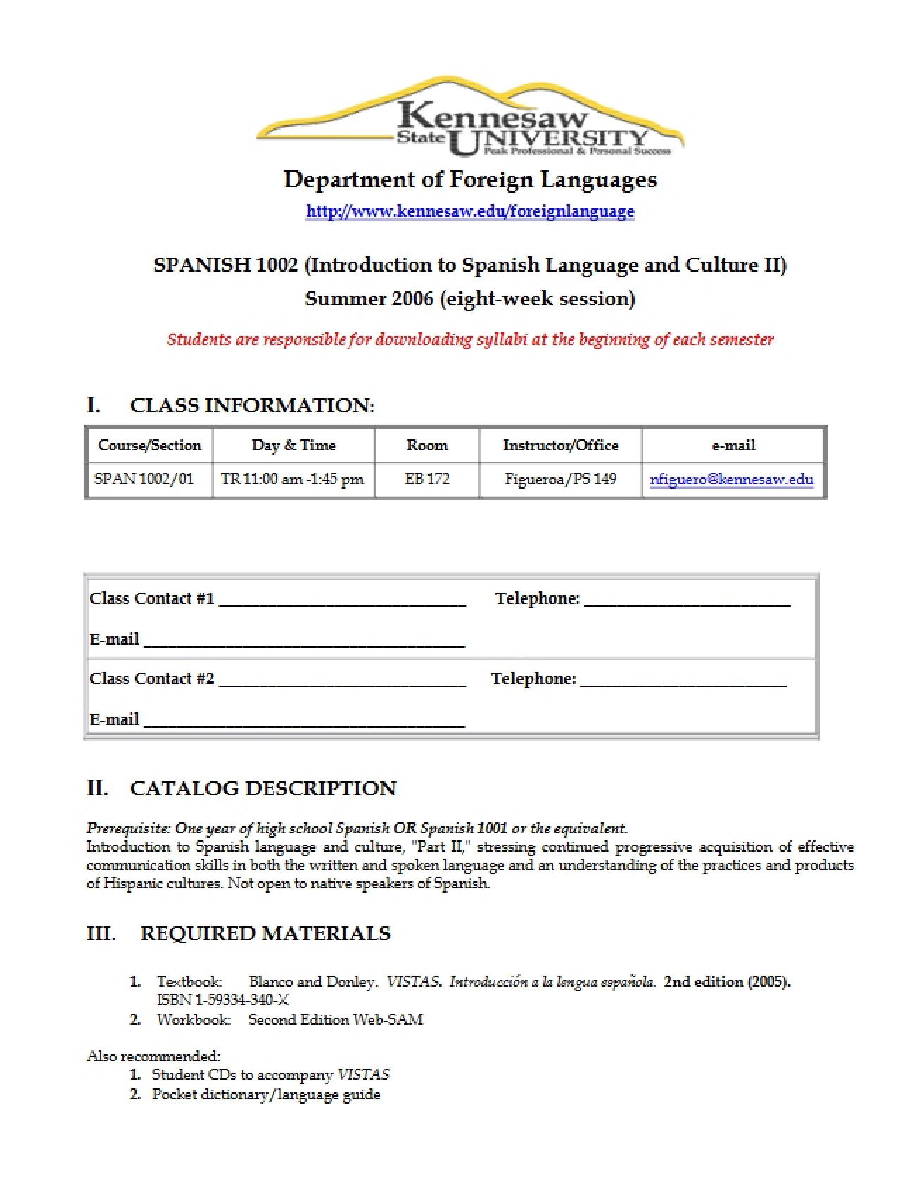 Class Information for SPAN 1002