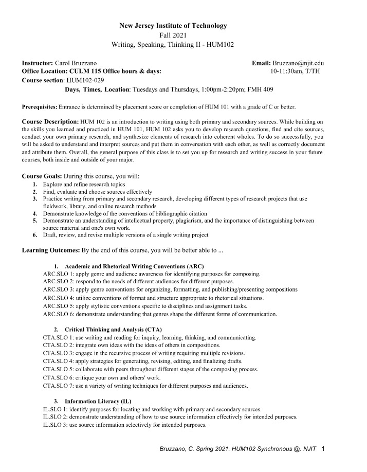 Fall 2021 Syllabus for HUM102 - Writing, Speaking, Thinking II