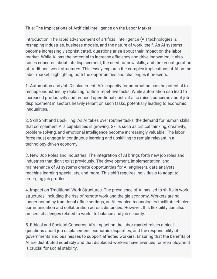 Labor Market Implications of Artificial Intelligence Essay