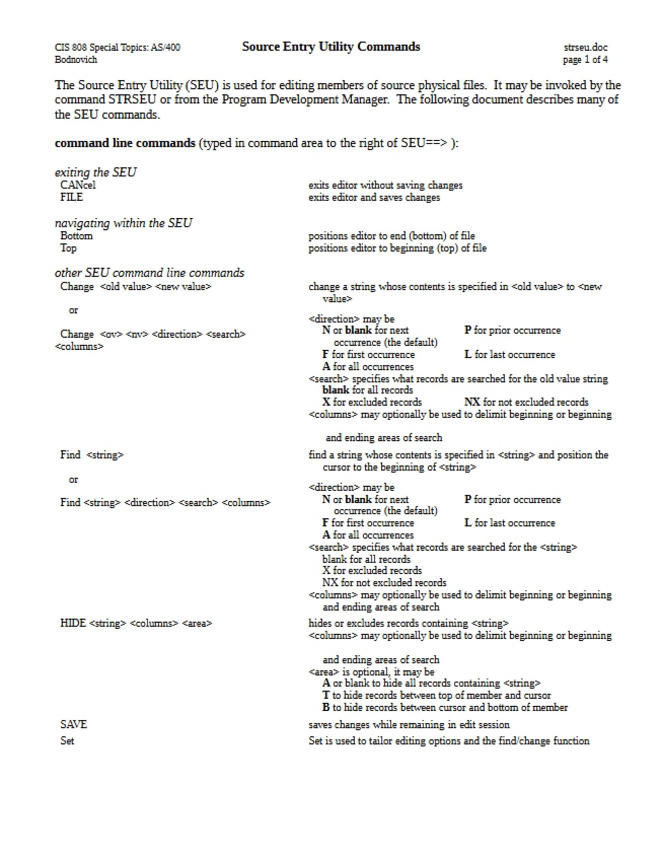 Commands for SEU (Source Entry Utility)