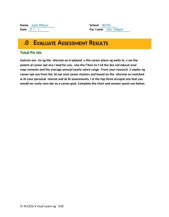 US History 235462 - Assessment Results