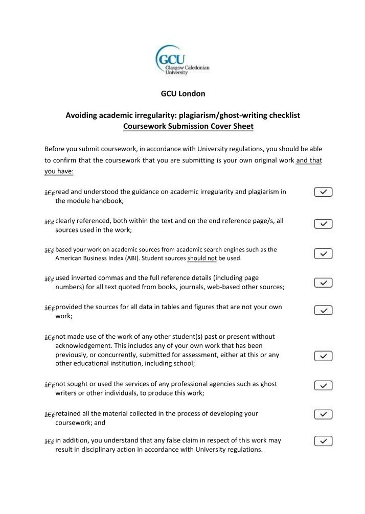 Plagiarism Checklist and Coursework Submission Cover Sheet
