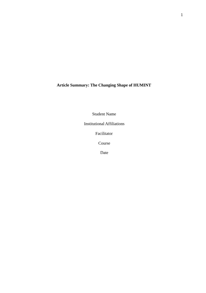 The Changing Shape of HUMINT - Article Summary