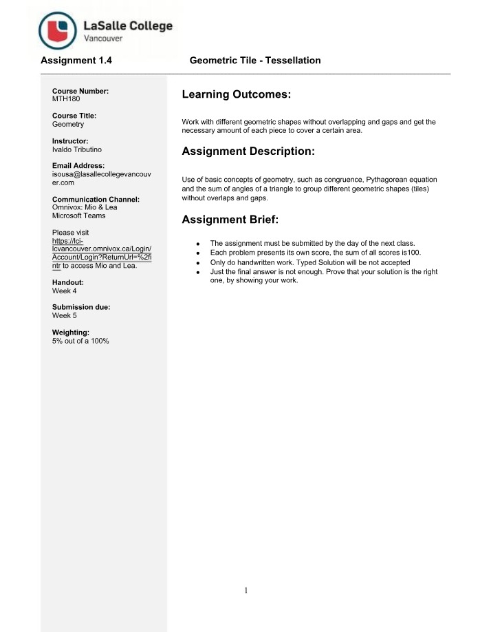 Assignment 1.4 for MTH180 Geometry