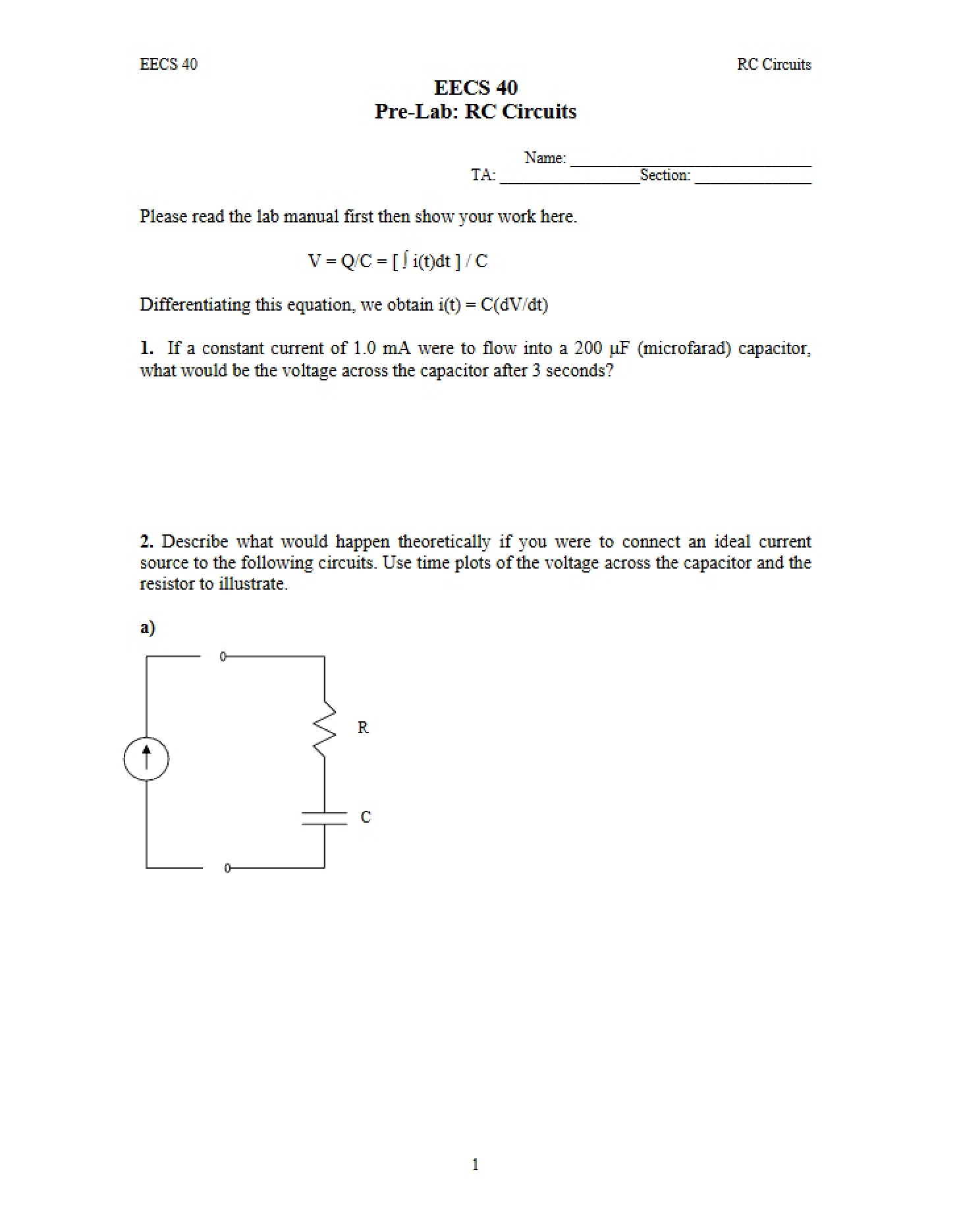 RC Circuits Pre-Lab Assignment