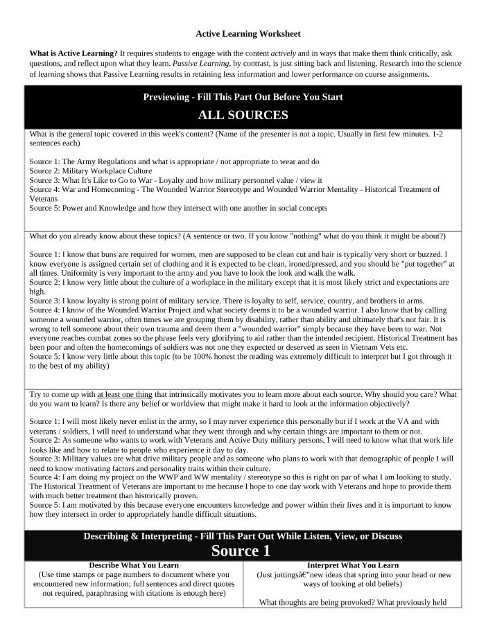 Worksheet for Active Learning