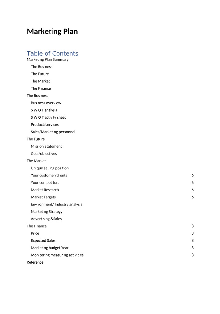 Summary of Marketing Plan - Business, Market, Finance, and Future