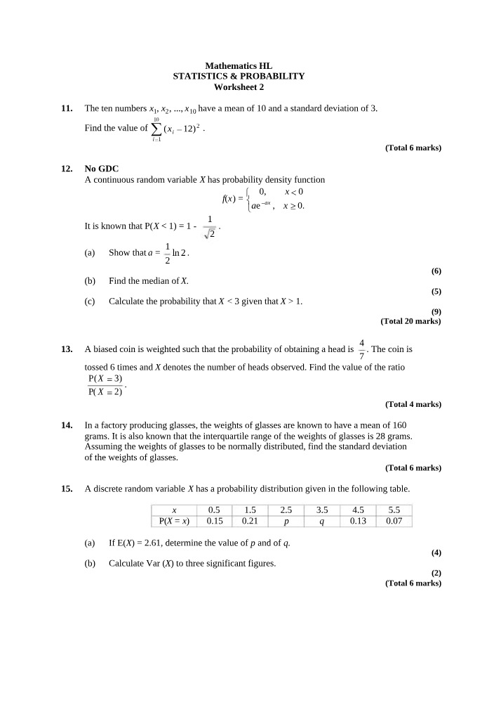 Worksheet 2 - Statistics & Probability