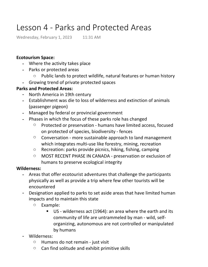 Parks and Protected Areas - Course Notes