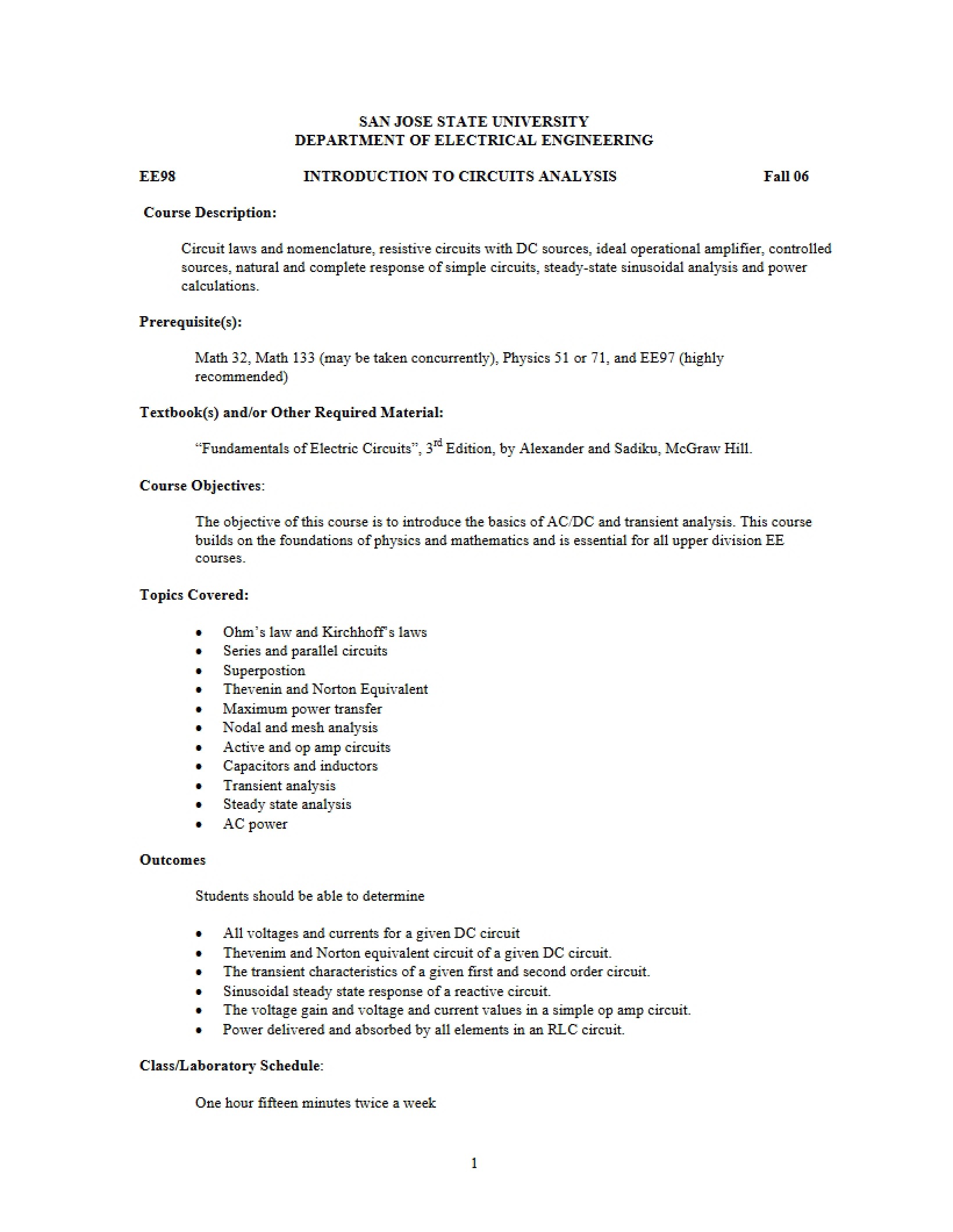 Circuit Analysis Course Outline
