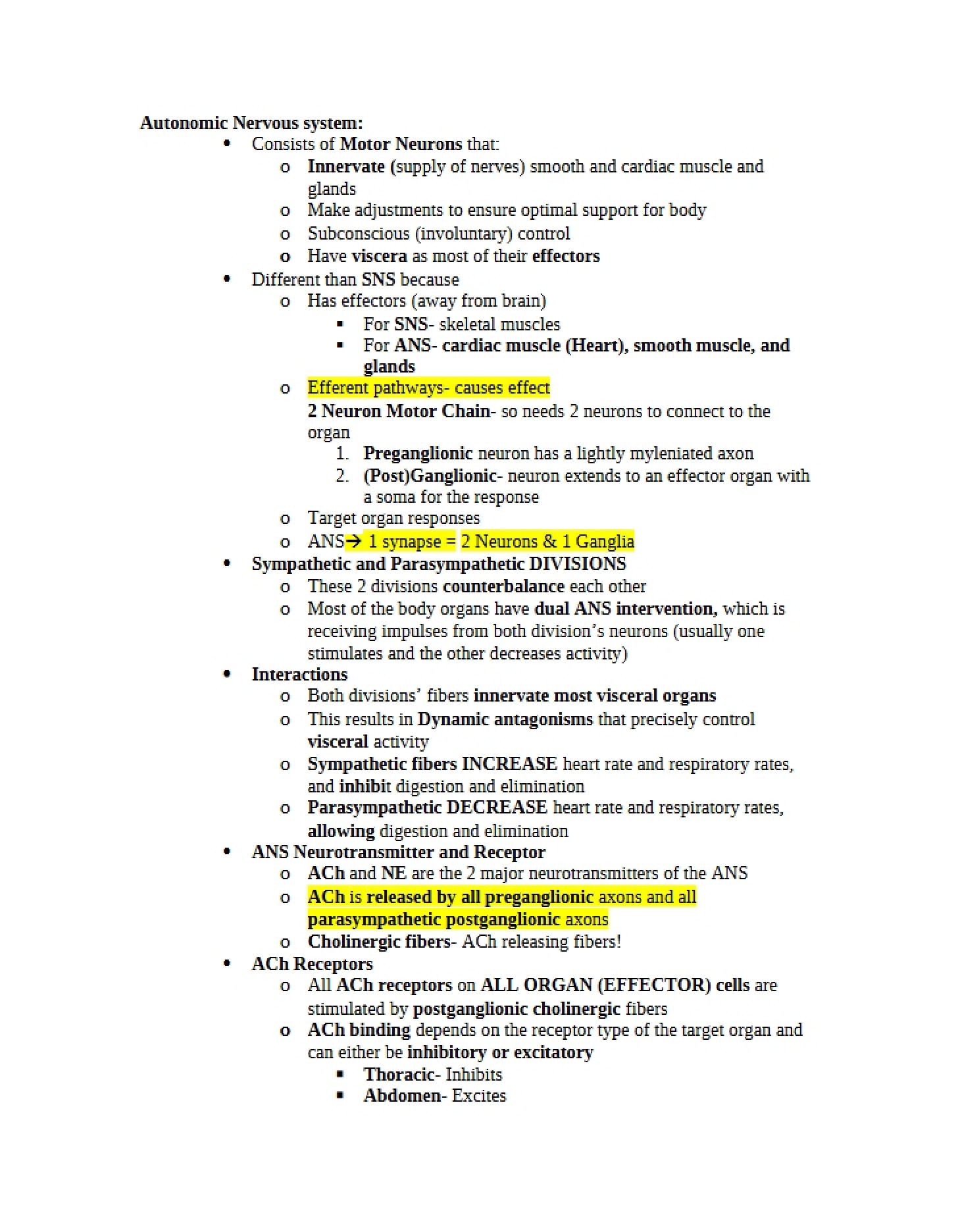 Autonomic Nervous System Outline