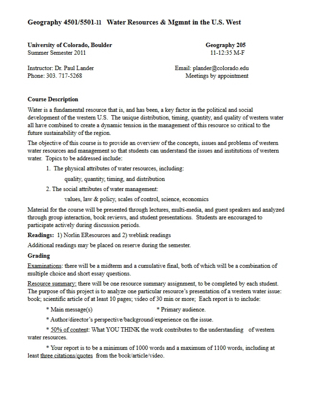 Course Description for Water Resources and Management