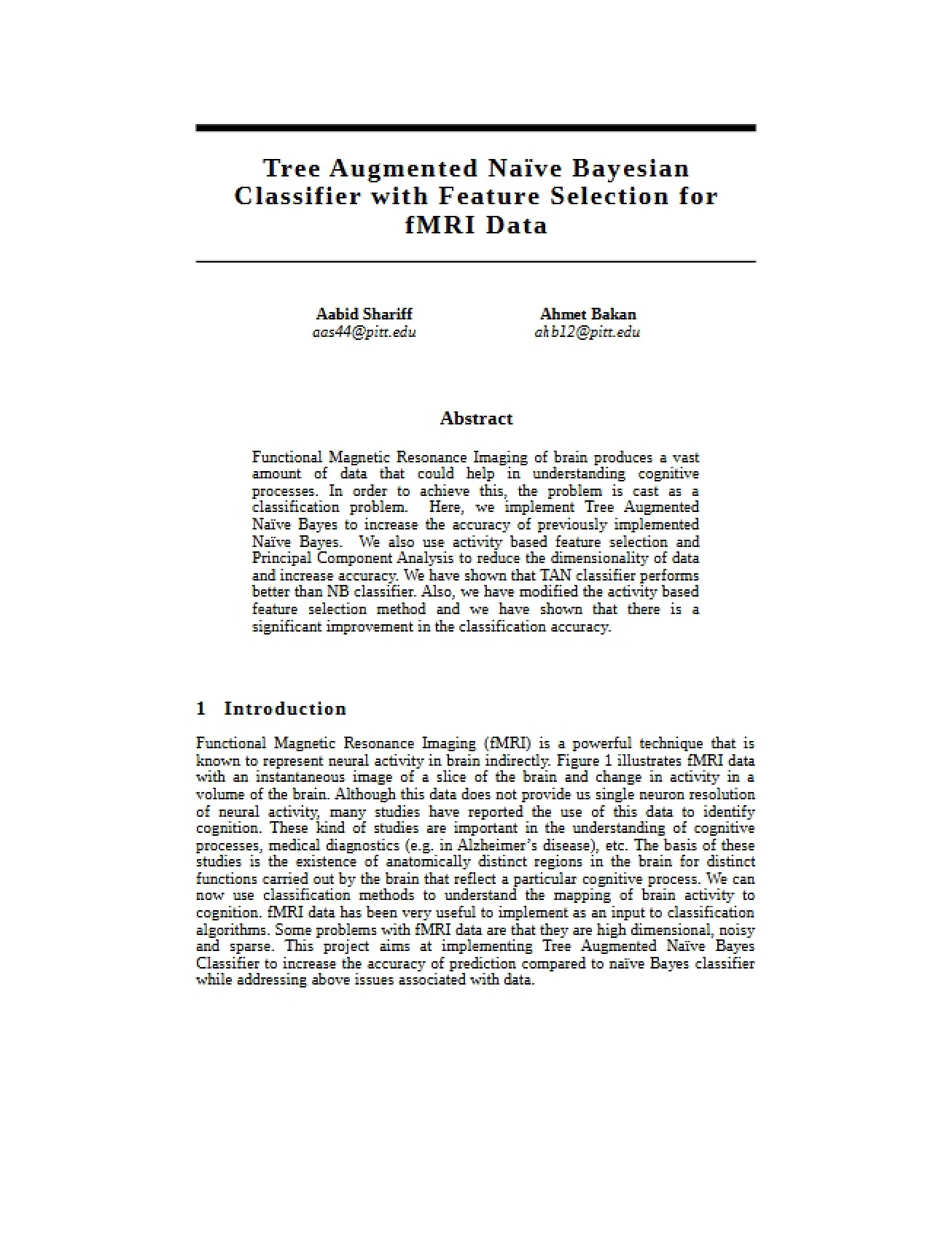 fMRI Data Feature Selection using Tree Augmented Naive Bayesian Classifier