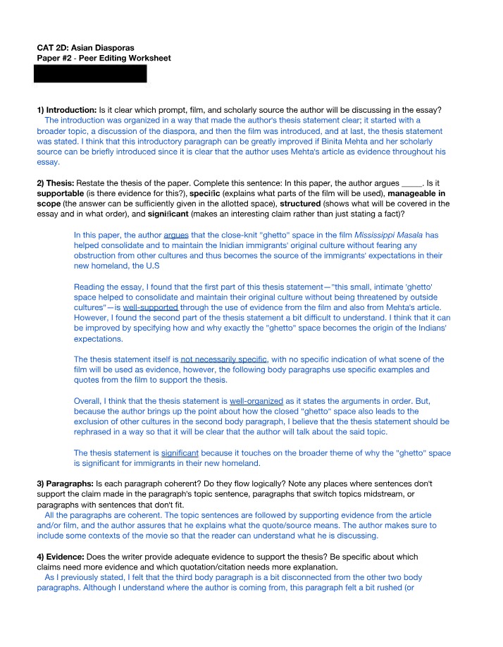 Worksheet for Peer Editing