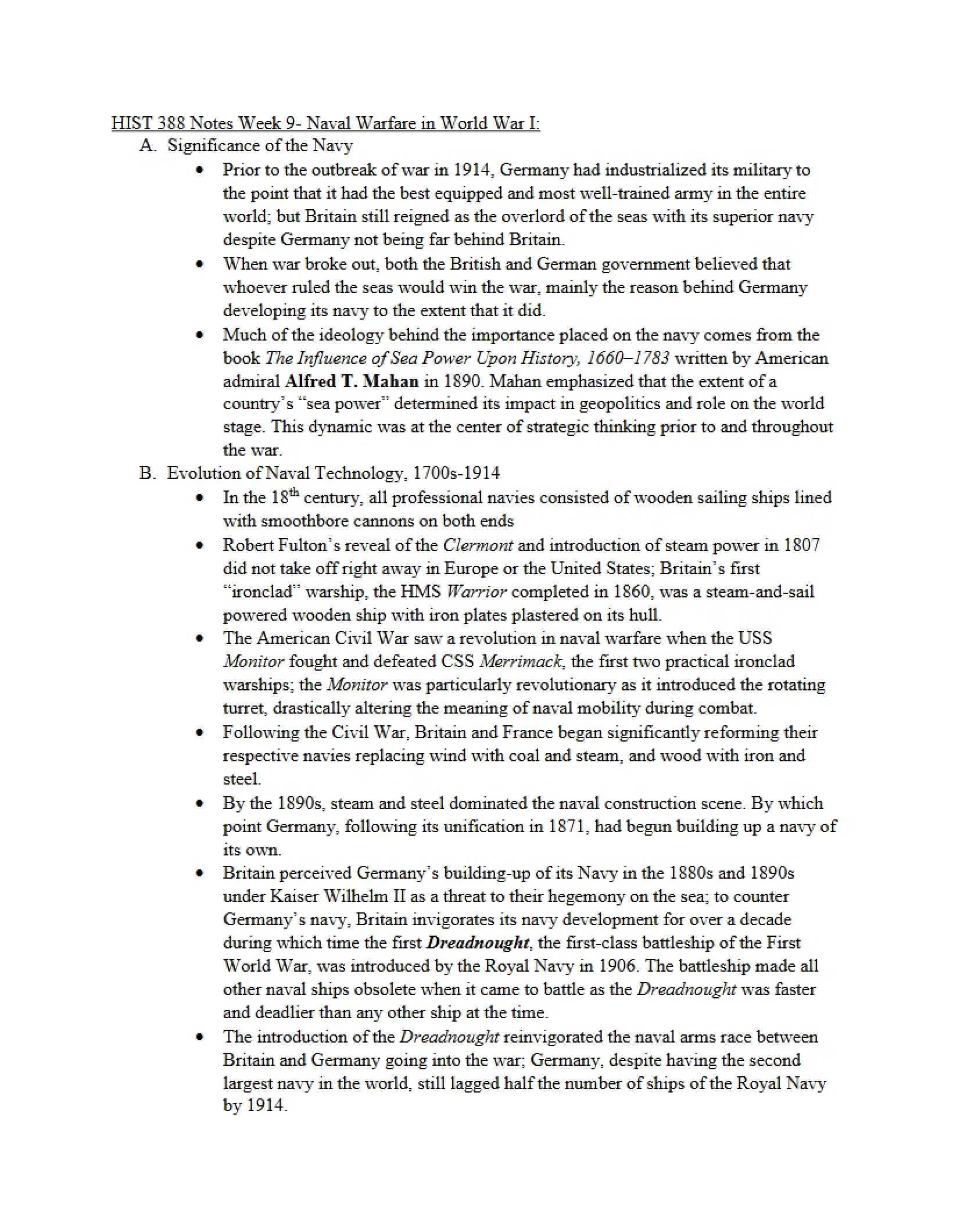 WWI Naval Warfare Notes (Week 9)
