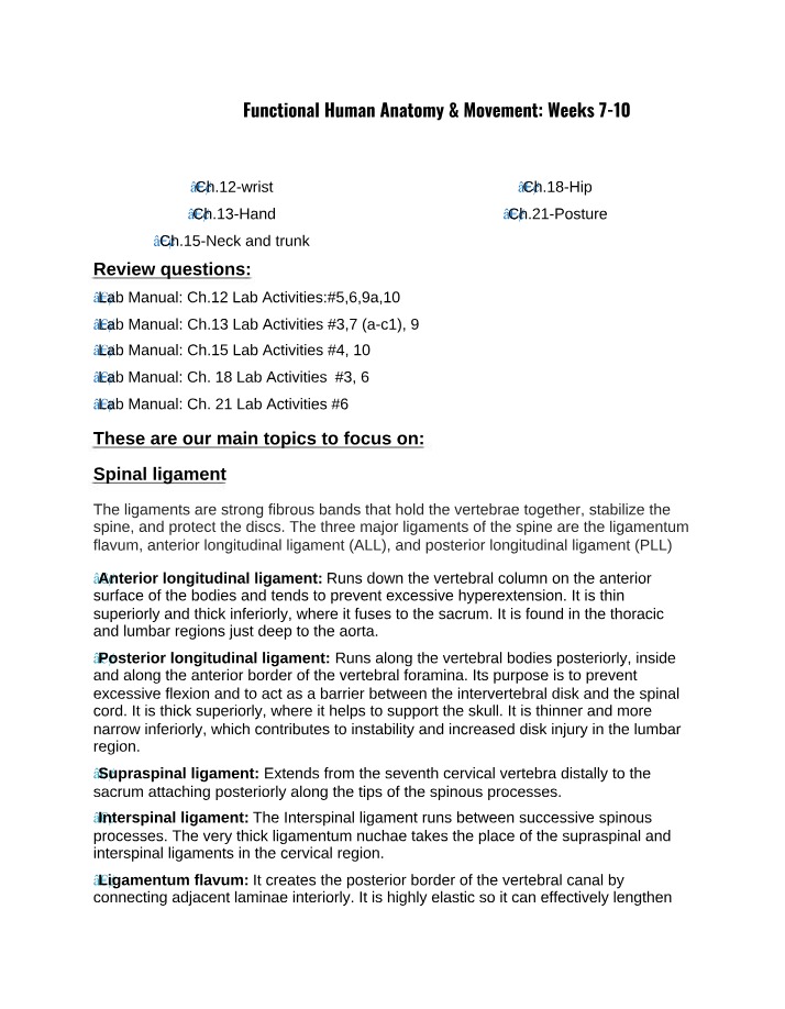 Functional Human Anatomy and Movement - Test 2