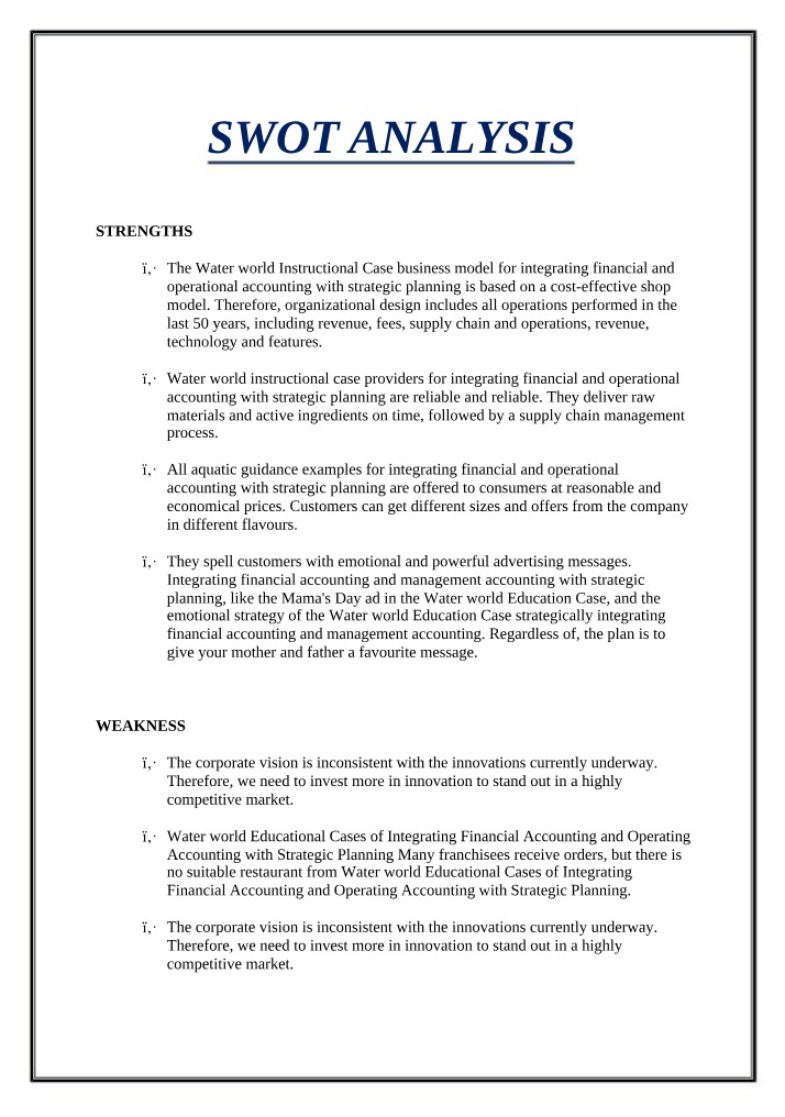 Water World Case Study - Financial, Operational Accounting, and Strategic Planning