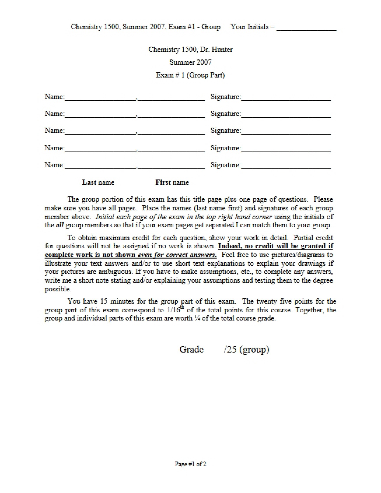 Exam 1 Summer 2007 (Chemistry 1500)