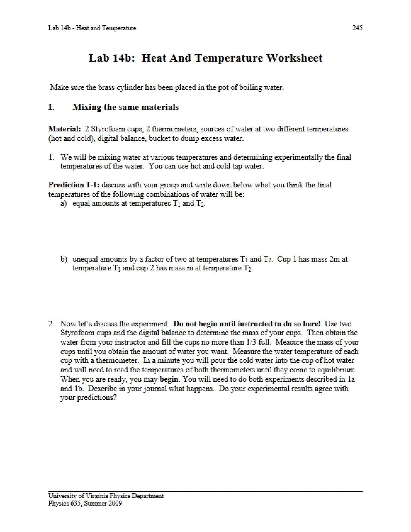 Worksheet Temperature and Heat
