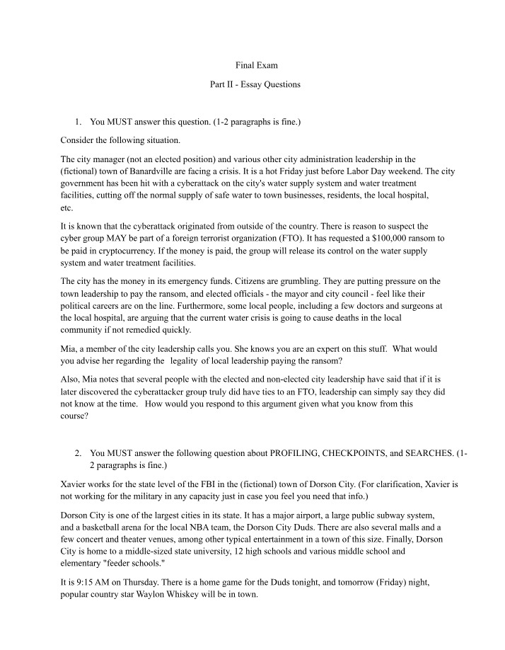Essay Questions for Final Exam