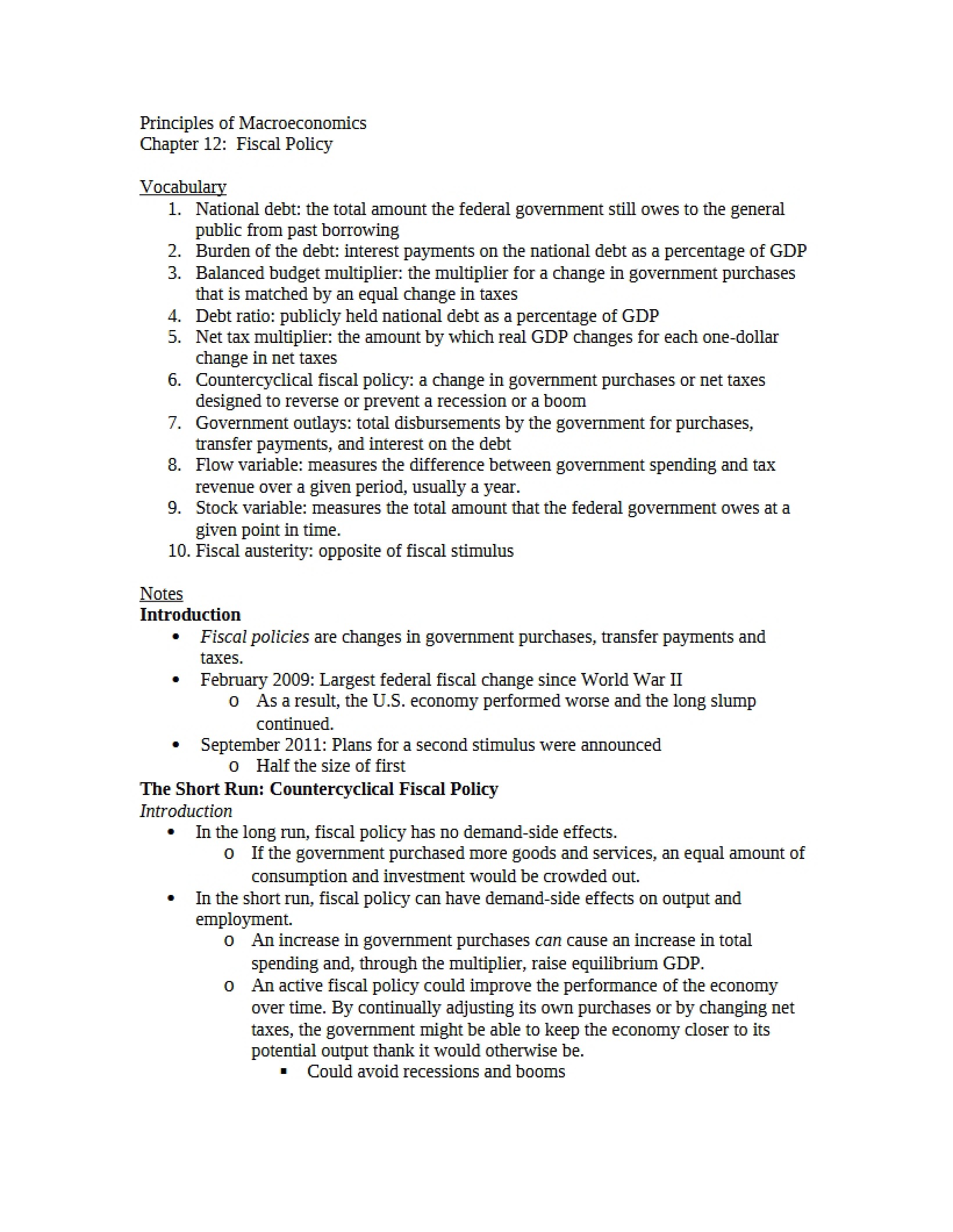 Fiscal Policy Overview (Chapter 12)