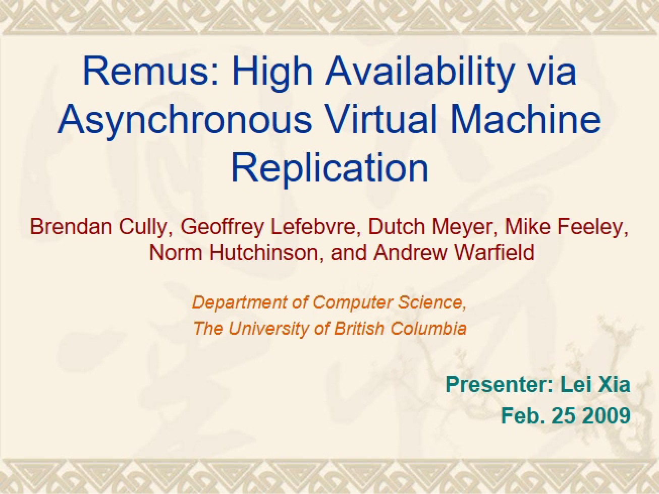 Asynchronous VM Replication Remus