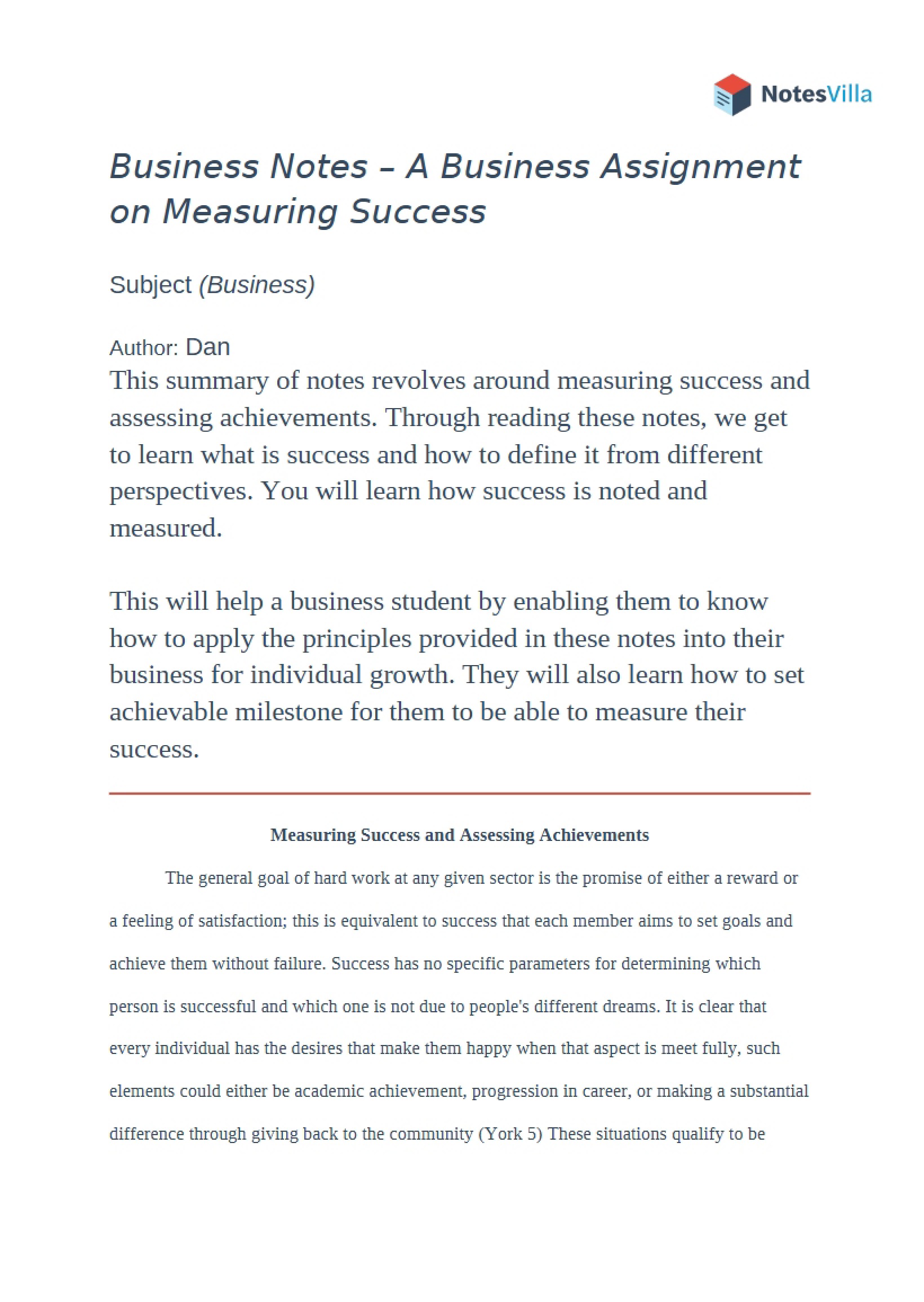 Business Success Measurement Task
