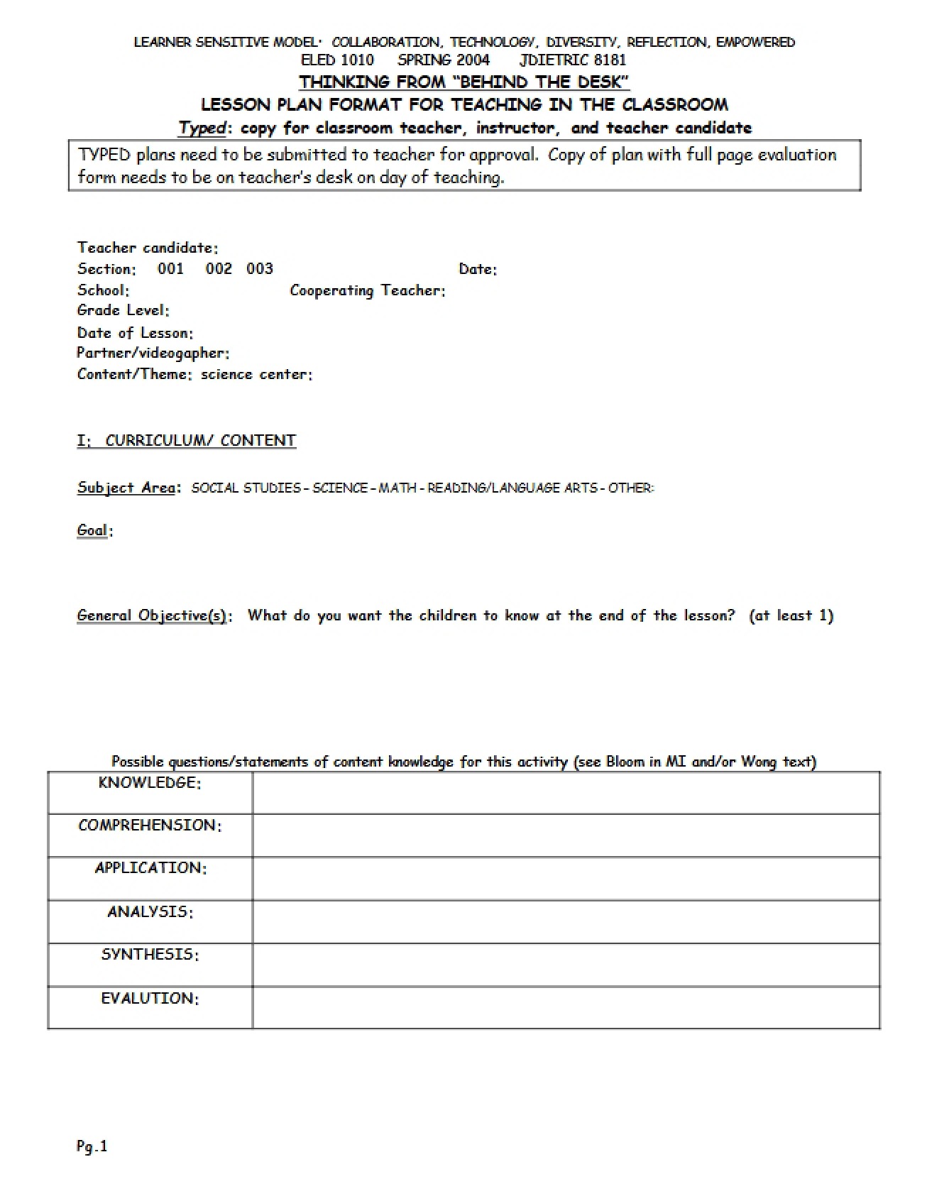 Classroom Teaching Lesson Plan Format