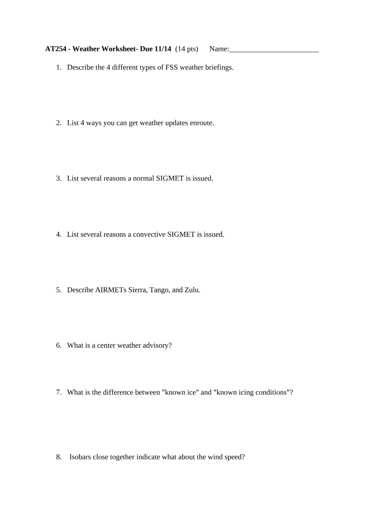 Worksheet on Weather