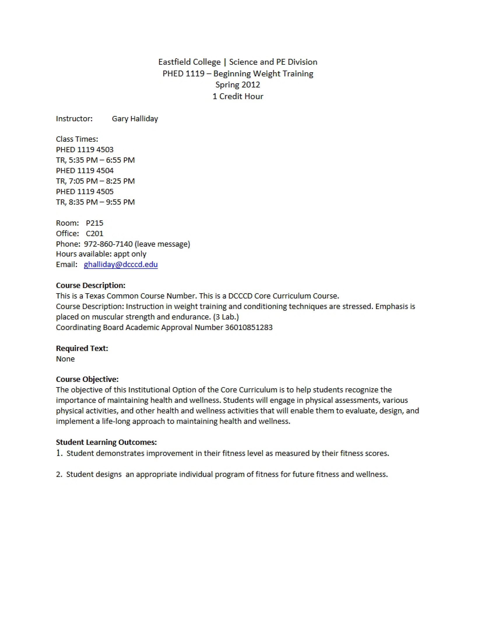 Syllabus for Beginning Weight Training
