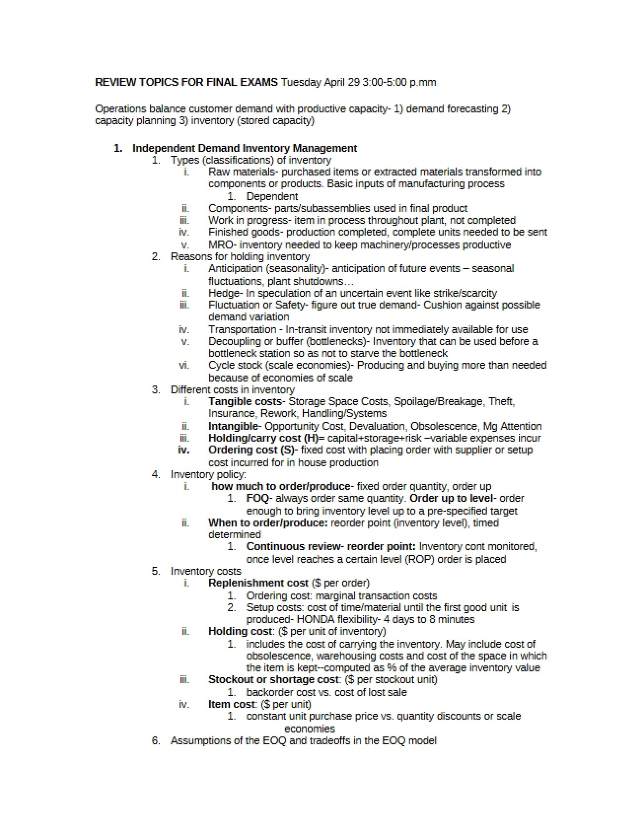 Final Exam Review Topics