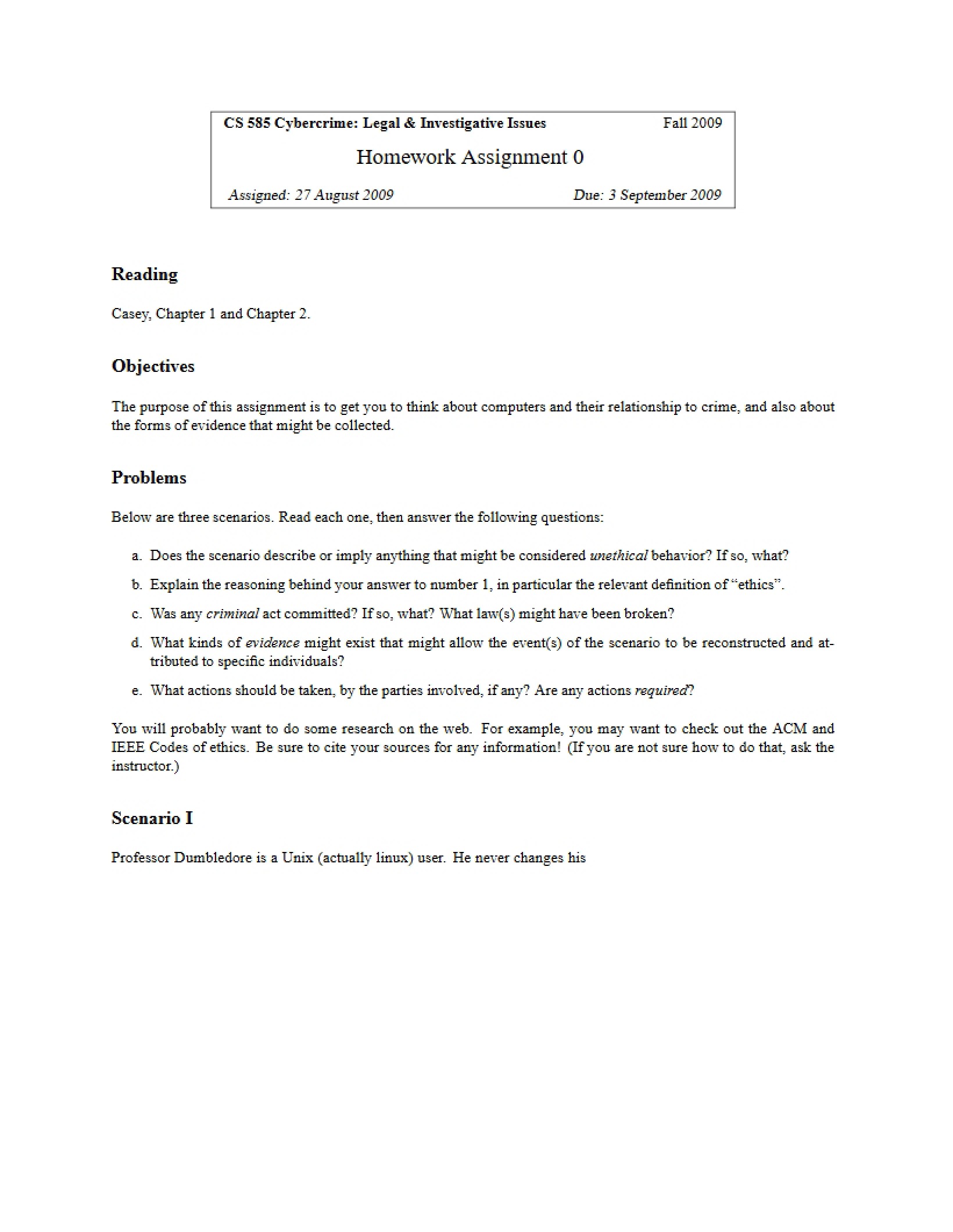 Homework 0 Investigative & Legal Issues (Fall 2009)