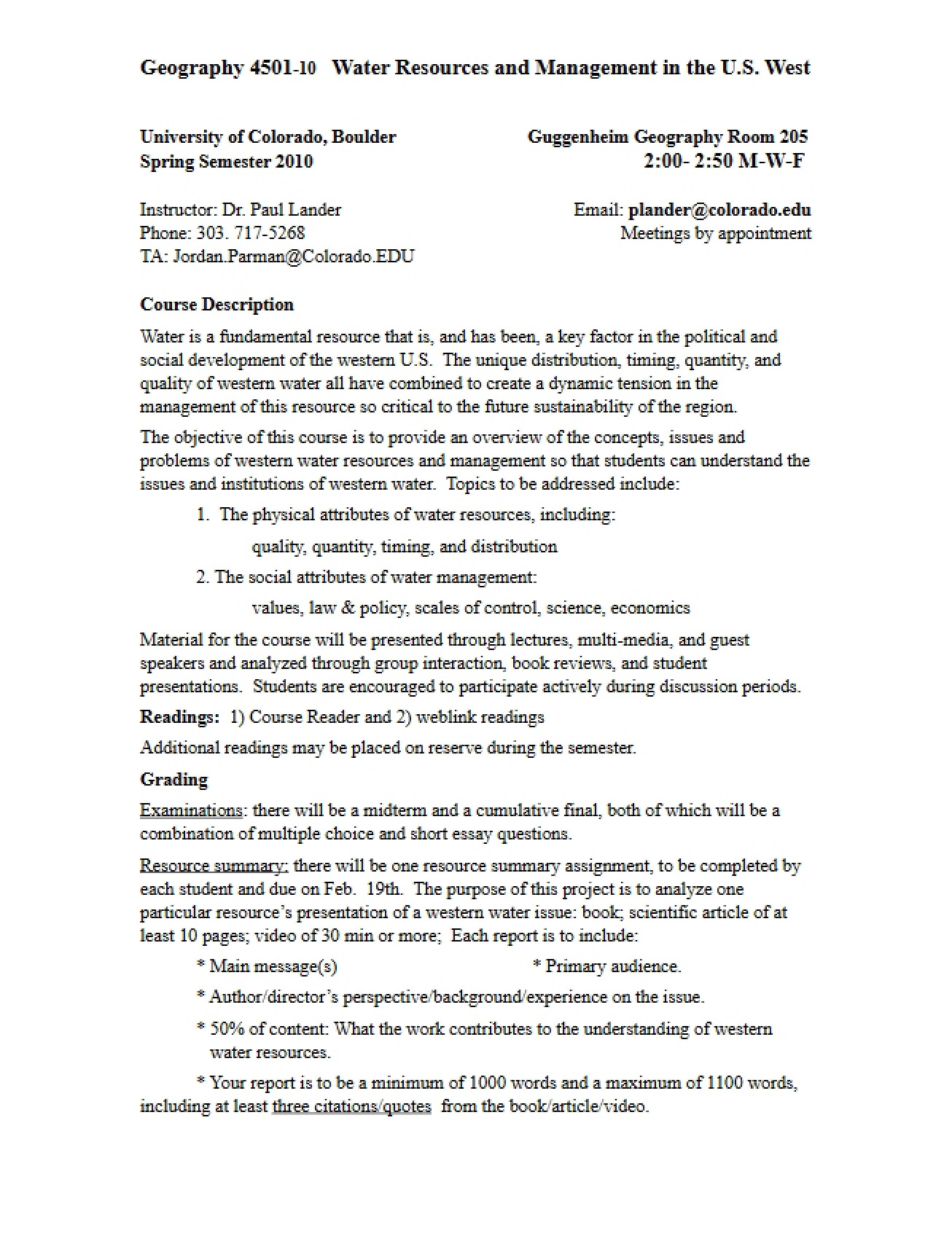 Water Resources and Water Management Syllabus