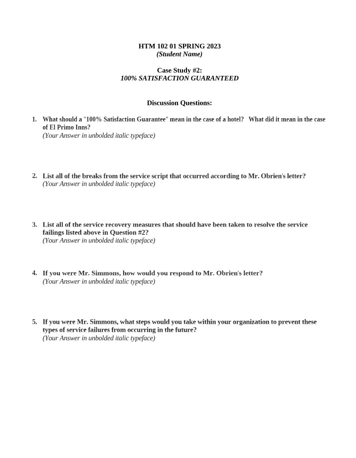 Discussion Questions for HTM 102 Case Study 2