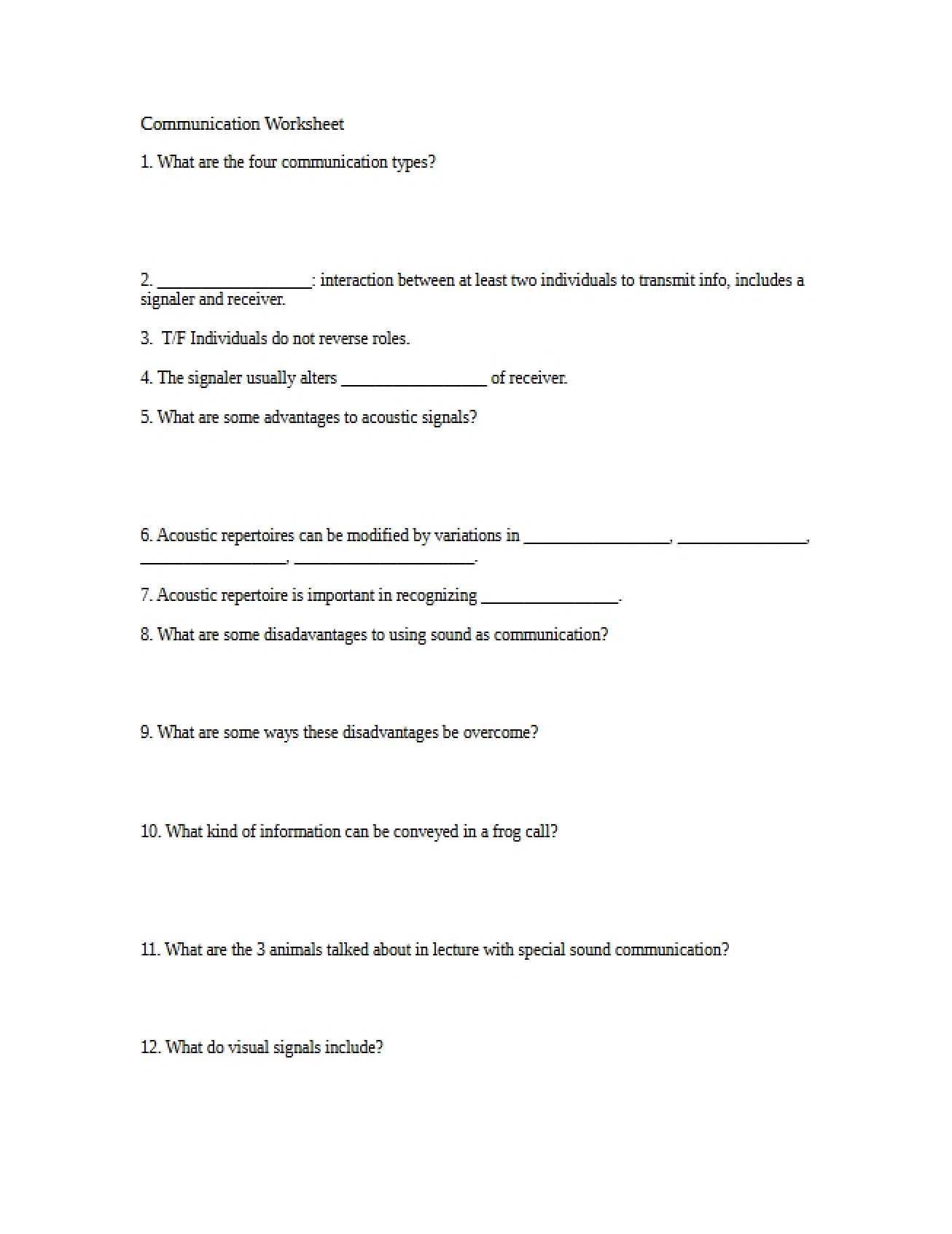 Worksheet on Communication Among Vertebrates