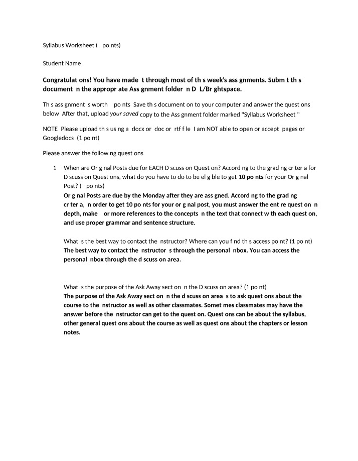 Worksheet for the Syllabus