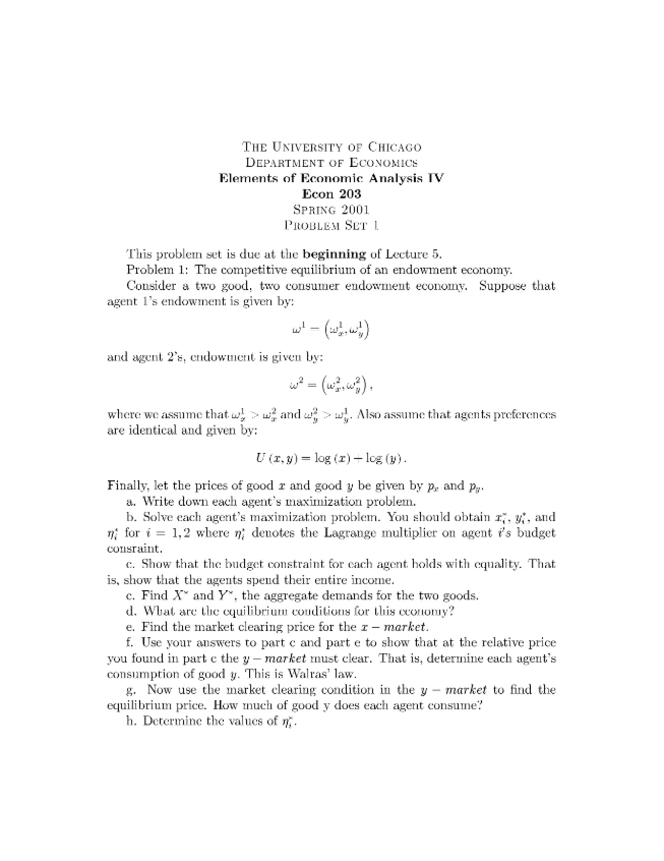 First Problem Set for Economic Analysis