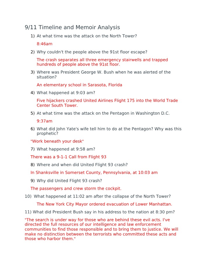 9-11 Timeline - Memoir Analysis of Key Personal Moments