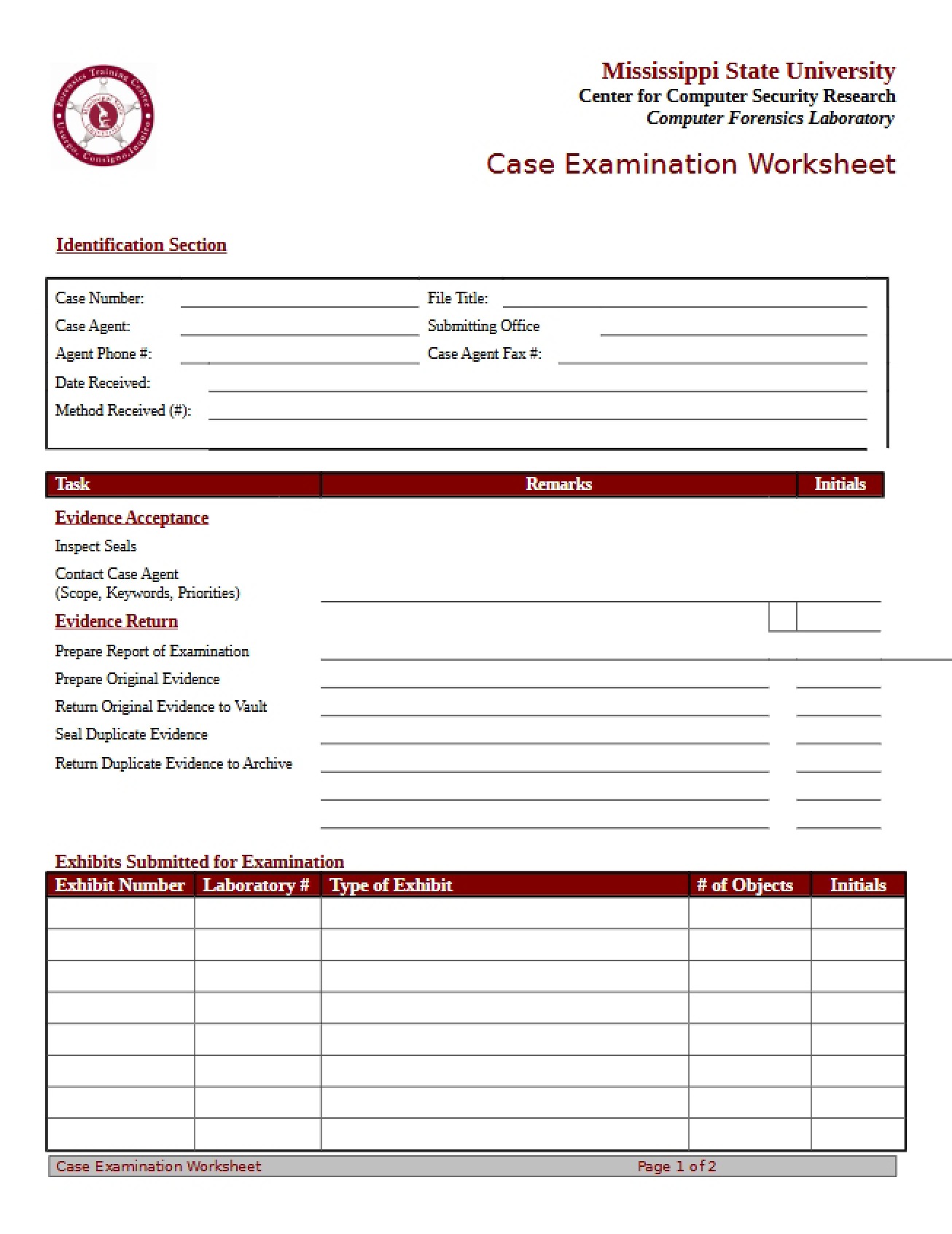 Worksheet for Case Examination