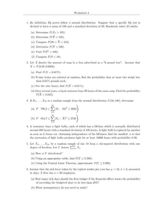 Worksheet on Probability Calculations and IQ Scores
