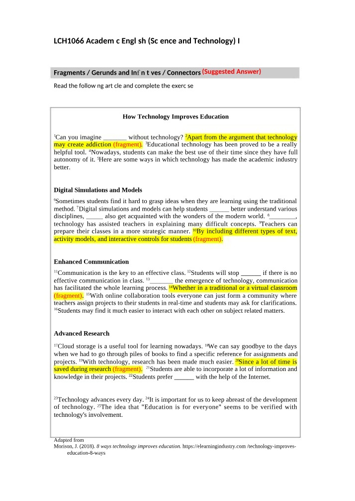 Week 7 Key - Fragment, Gerund, Infinitive, and Connector