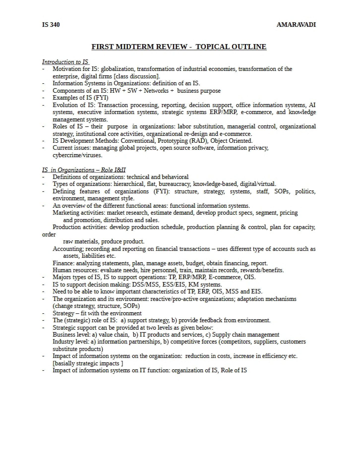 Topical Outline First Midterm Review