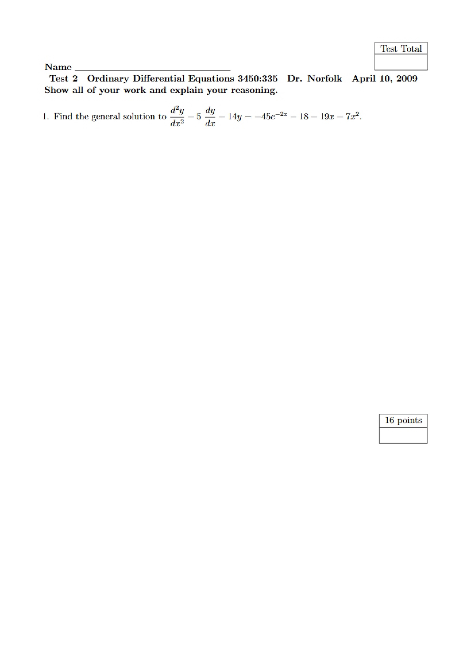Ordinary Diff Eq Second Test