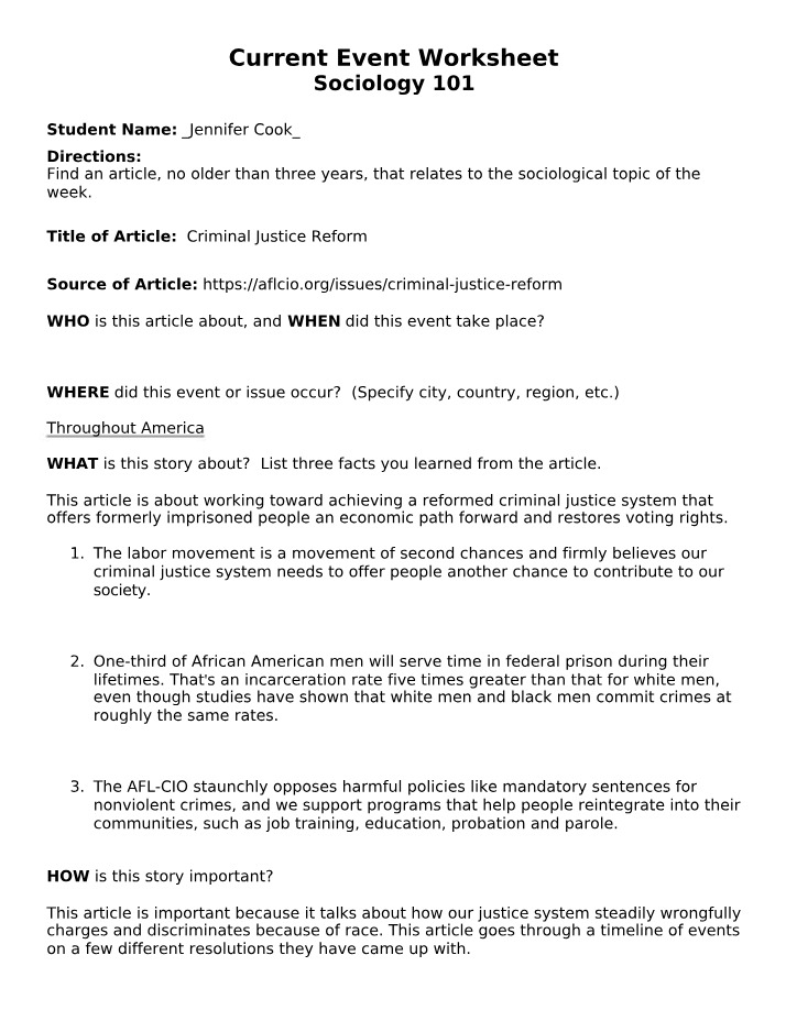 SOC101 Current Event Worksheet