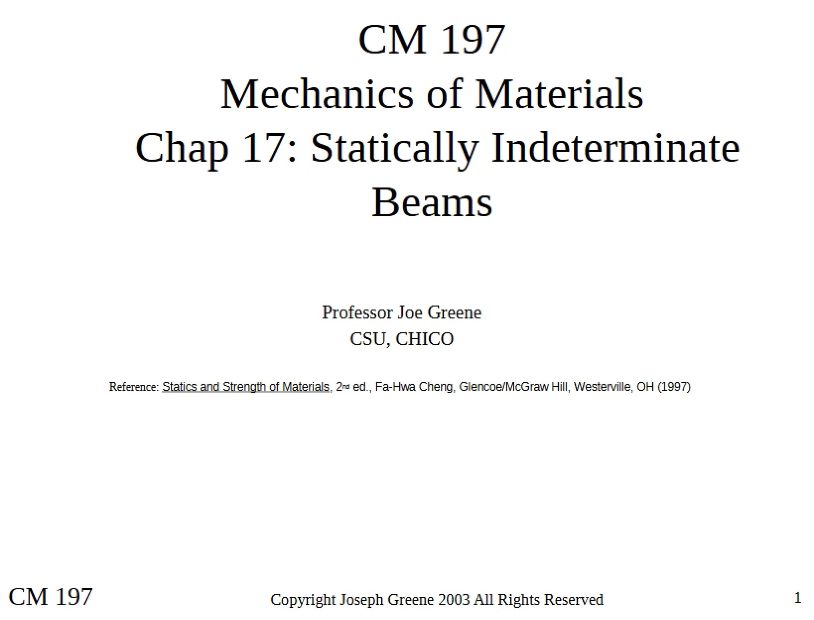 Beams Statically Indeterminate (Ch. 17)
