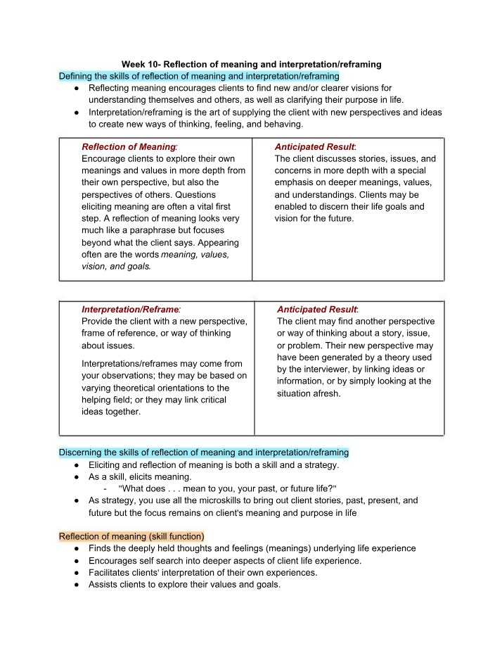 Skills of Reflection and Interpretation