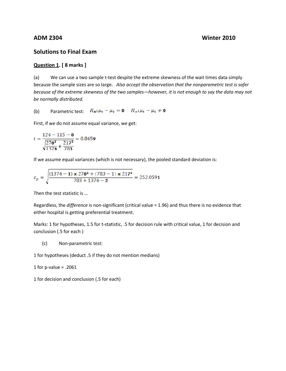 Winter 2010 Final Exam Solutions for ADM 2304