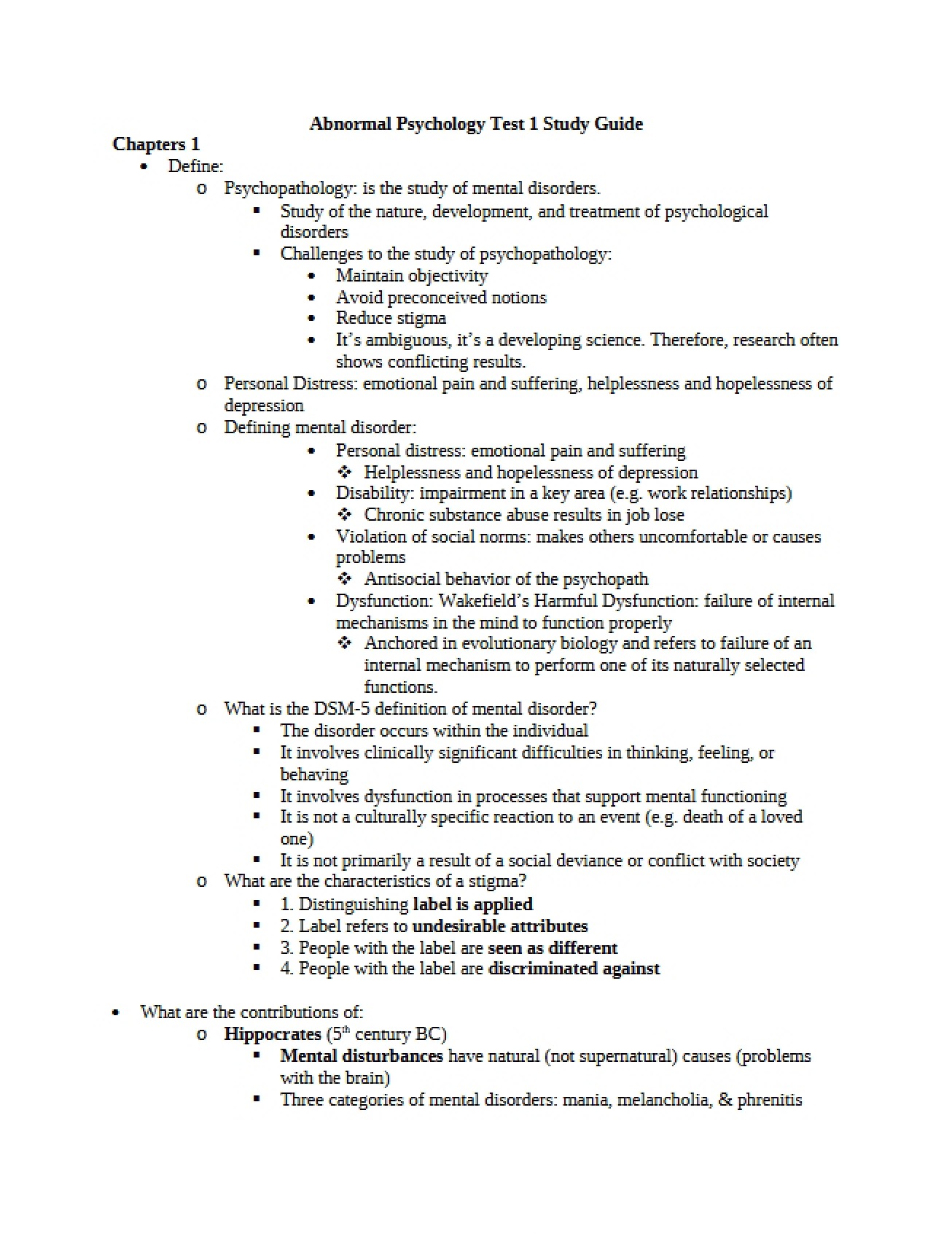 First Test Study Guide for Abnormal Psychology
