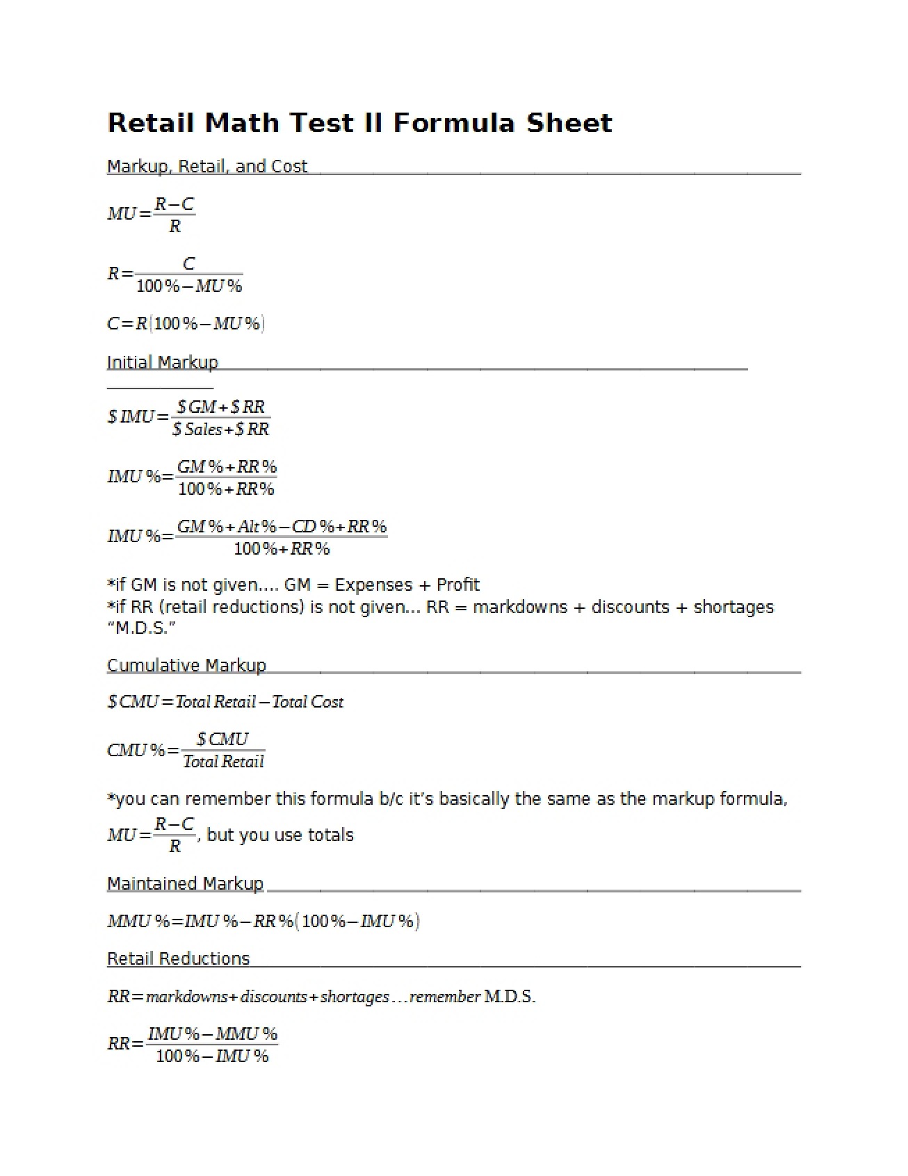 Formula Sheet for the Second Test